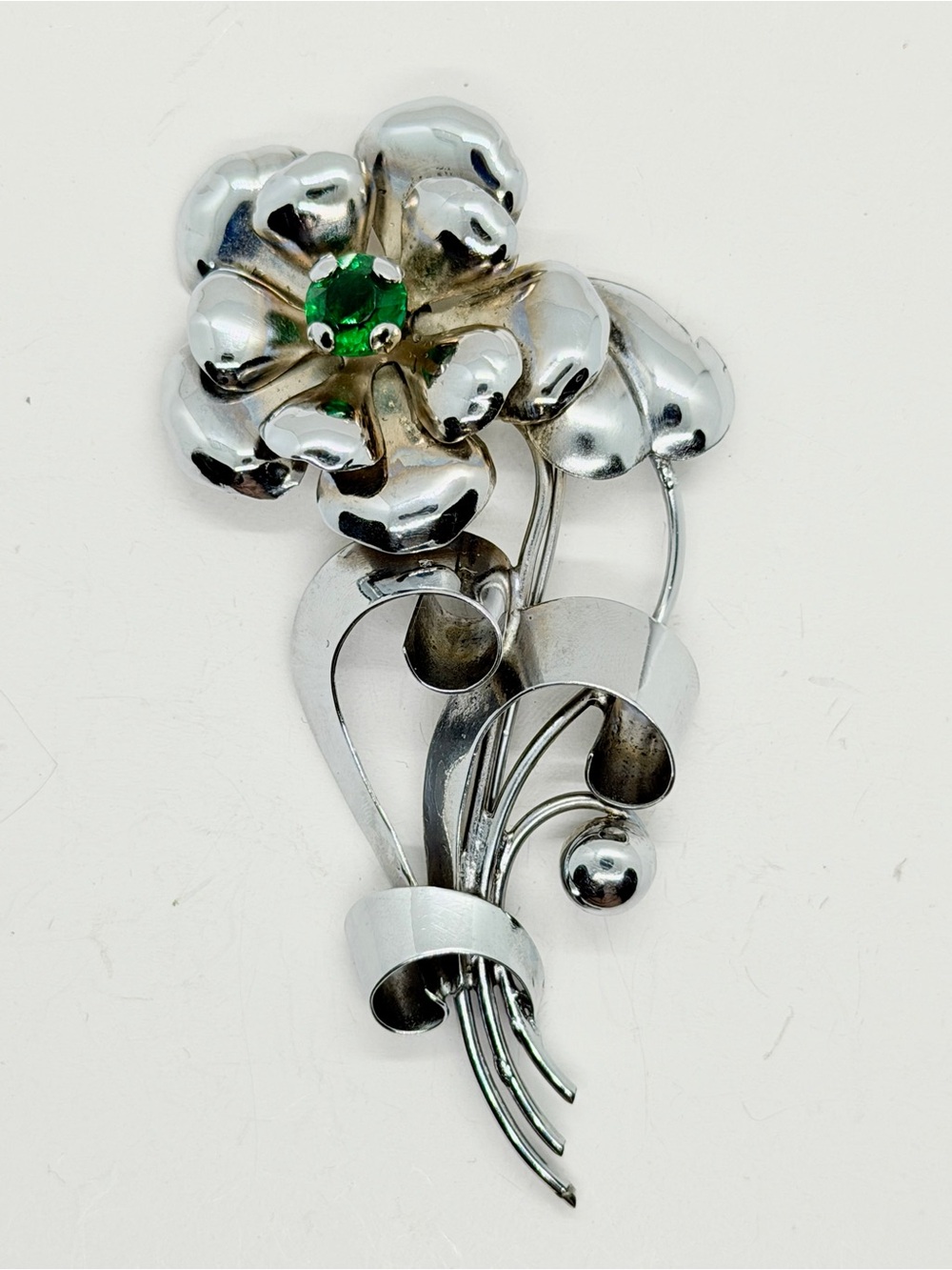 Vintage 1940's AT Sterling Silver Brooch Pin Floral Bouquet Green‎ Rhinestones